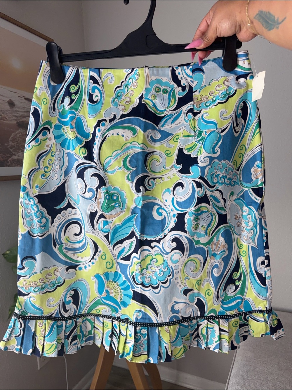 Bay Studio Blue, Teal & Lime Paisley Ruffle-Hem Midi Skirt